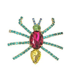 Vintage Gold Tone Multi Color Rhinestone Spider Brooch Pin